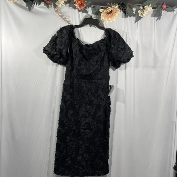 NWT $248 XSCAPE‎ [ 2 ] Off Shoulder 3D Lace Sheath Dress in Black